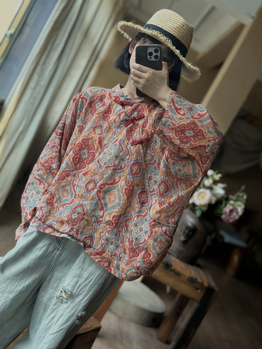 Women Summer Ethnic Print Ramie Loose Shirt CX059 JSHY