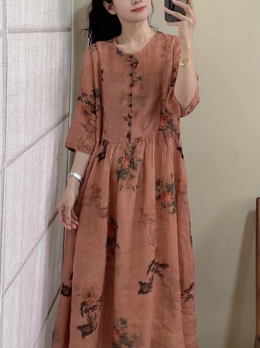 Women Summer Vintage Floral Button Ramie Dress CX061 JPFS