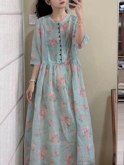 Women Summer Vintage Floral Button Ramie Dress CX061 JPFS