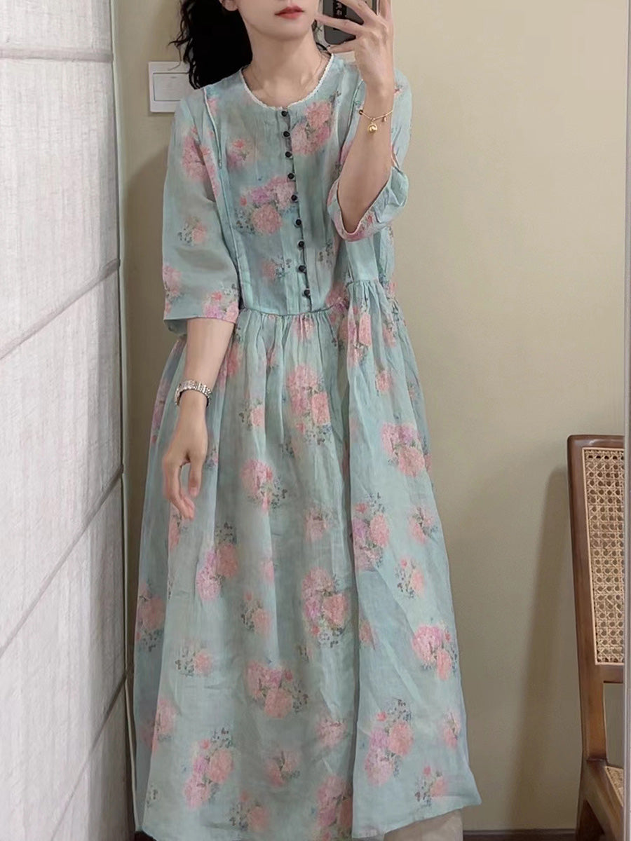 Women Summer Vintage Floral Button Ramie Dress CX061 JPFS