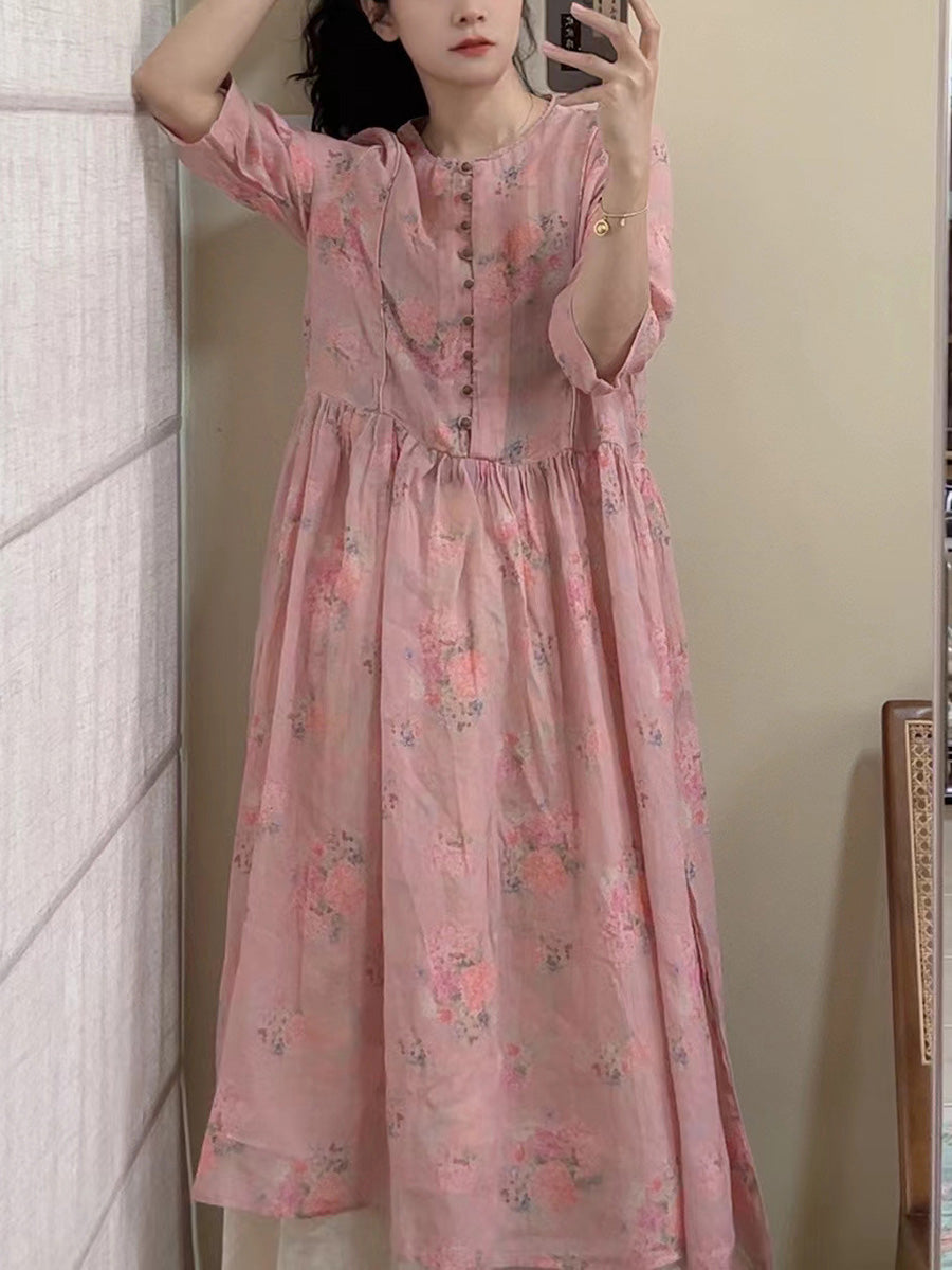 Women Summer Vintage Floral Button Ramie Dress CX061 JPFS