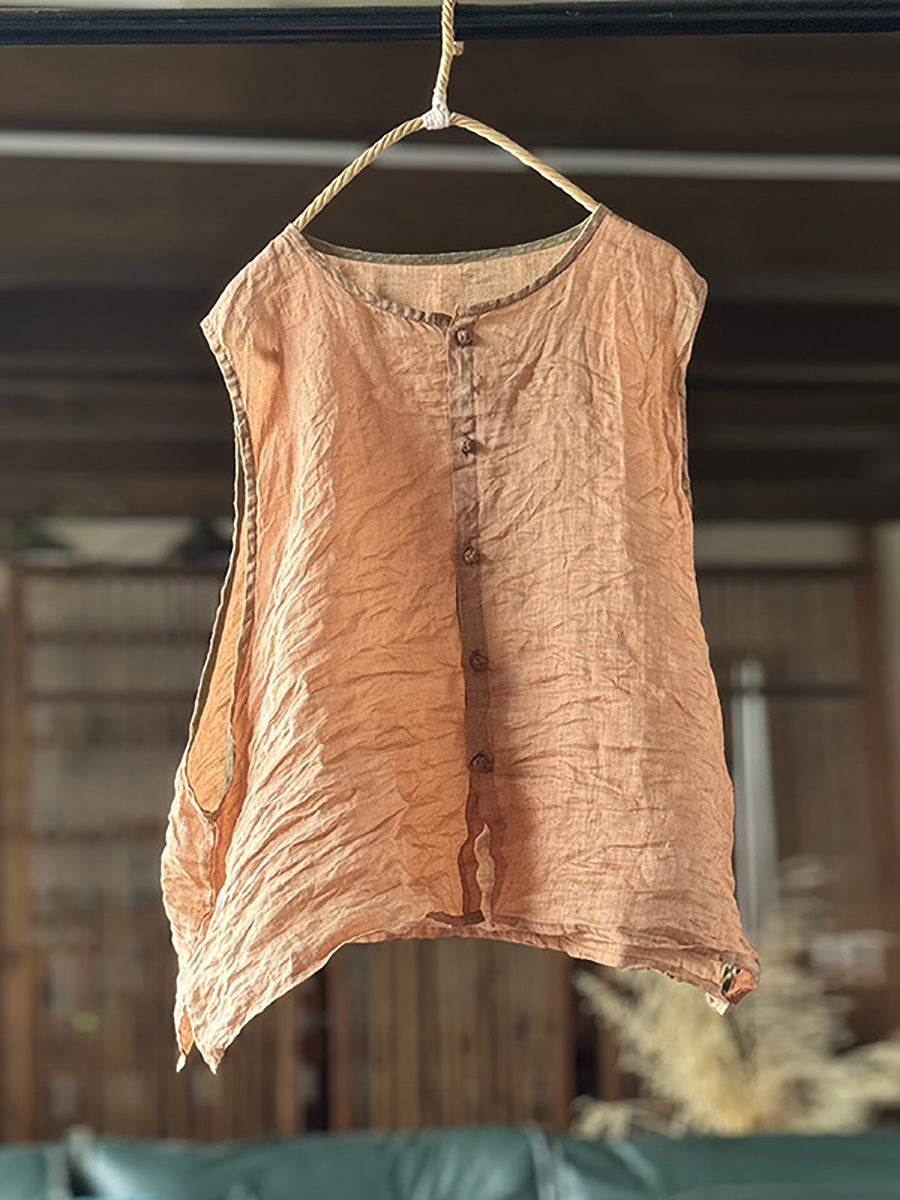 Vest Women Summer Loose Vintage Solid Ramie FashionChic