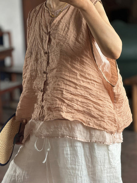 Vest Women Summer Loose Vintage Solid Ramie FashionChic