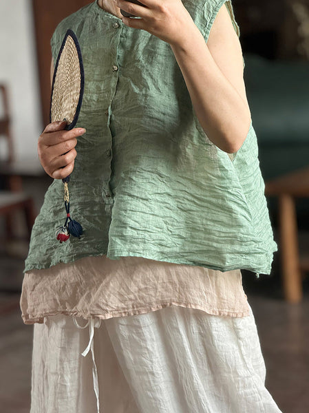 Vest Women Summer Loose Vintage Solid Ramie FashionChic