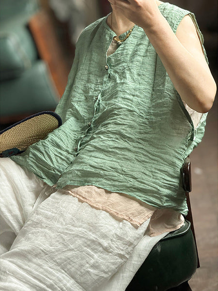 Vest Women Summer Loose Vintage Solid Ramie FashionChic