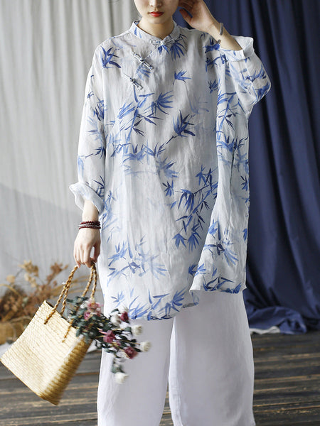 Women Ethnic Bamboo Print Ramie Robe Dress FD024 BUYKUD