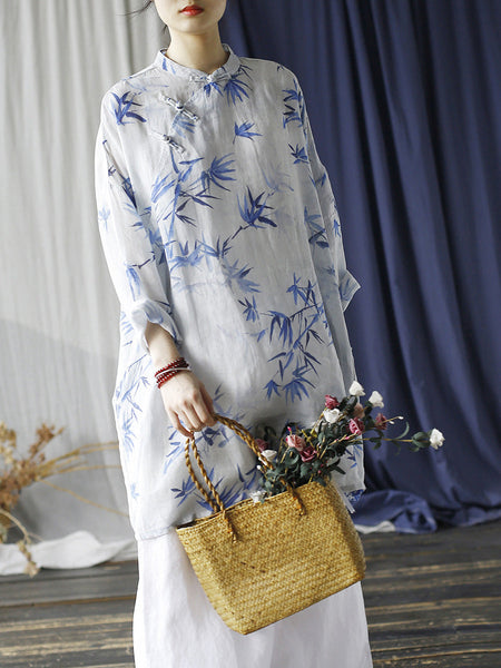 Women Ethnic Bamboo Print Ramie Robe Dress FD024 BUYKUD