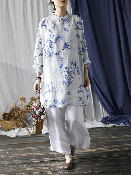 Women Ethnic Bamboo Print Ramie Robe Dress FD024 BUYKUD