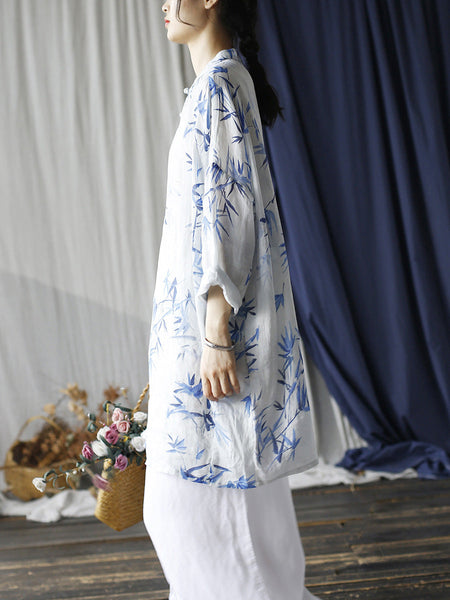 Women Ethnic Bamboo Print Ramie Robe Dress FD024 BUYKUD