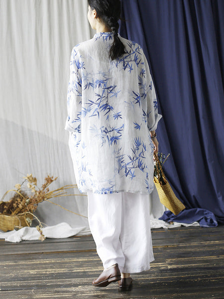 Women Ethnic Bamboo Print Ramie Robe Dress FD024 BUYKUD