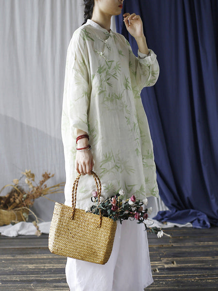 Women Ethnic Bamboo Print Ramie Robe Dress FD024 BUYKUD