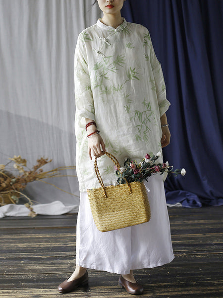 Women Ethnic Bamboo Print Ramie Robe Dress FD024 BUYKUD