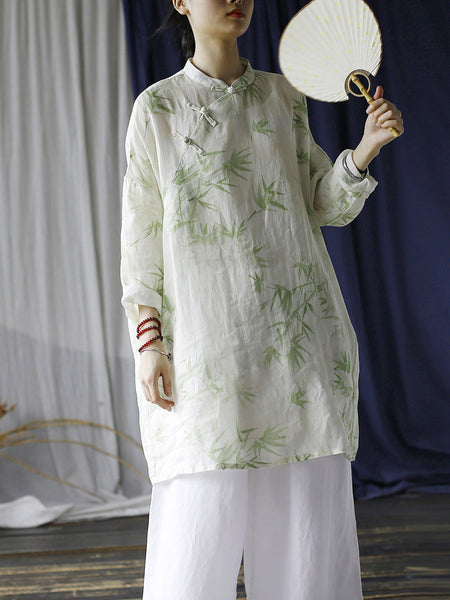 Women Ethnic Bamboo Print Ramie Robe Dress FD024 BUYKUD