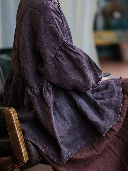 Women Summer Retro O-Neck Shirred Linen Shirt FD019 BUYKUD