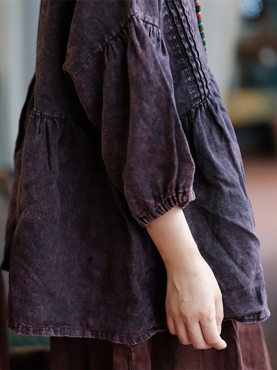 Women Summer Retro O-Neck Shirred Linen Shirt FD019 BUYKUD