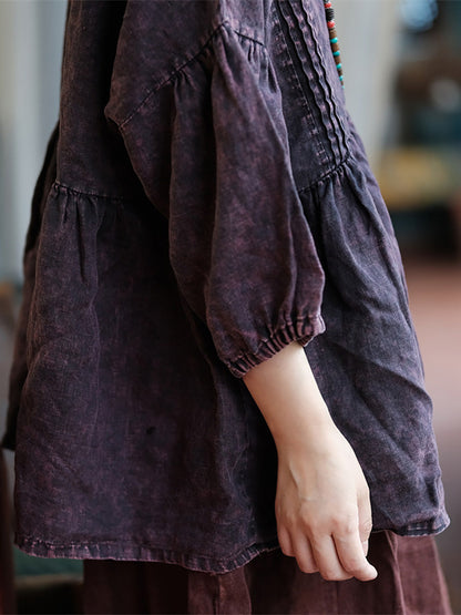 Women Summer Retro O-Neck Shirred Linen Shirt FD019 BUYKUD