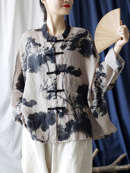 Women Summer Ethnic Ink-print Button-up Ramie Shirt FD021 XIM