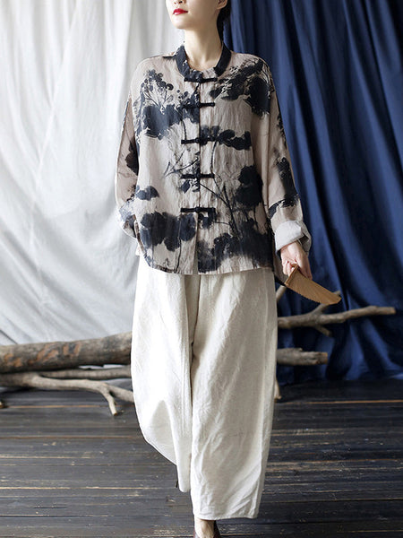 Women Summer Ethnic Ink-print Button-up Ramie Shirt FD021 XIM