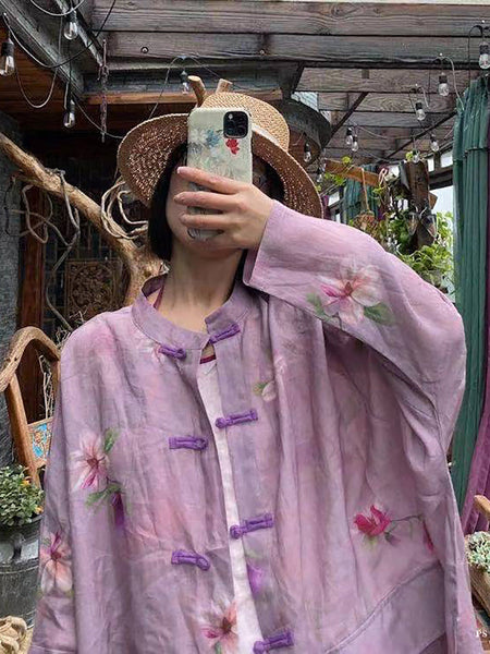 Women Summer Vintage Flower Button-up Ramie Shirt Coat FD008 JSHY
