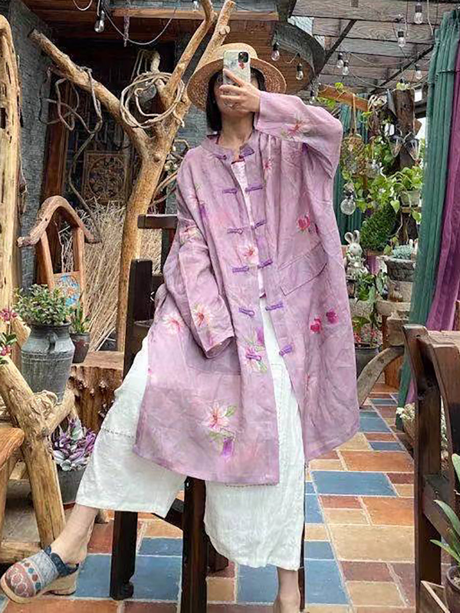 Women Summer Vintage Flower Button-up Ramie Shirt Coat FD008 JSHY