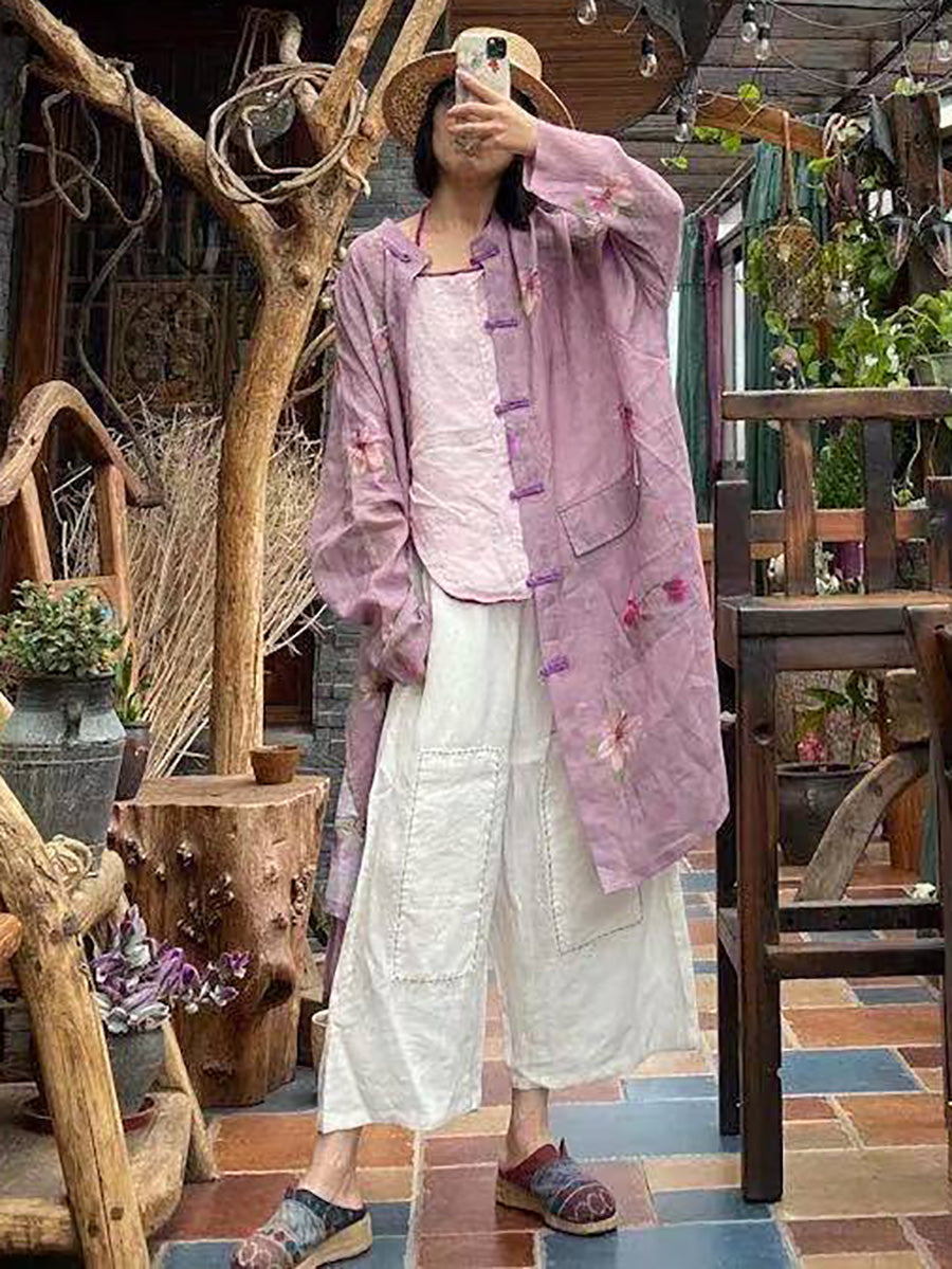 Women Summer Vintage Flower Button-up Ramie Shirt Coat FD008 JSHY