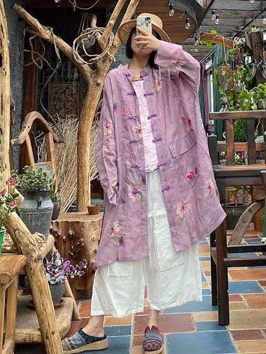 Women Summer Vintage Flower Button-up Ramie Shirt Coat FD008 JSHY