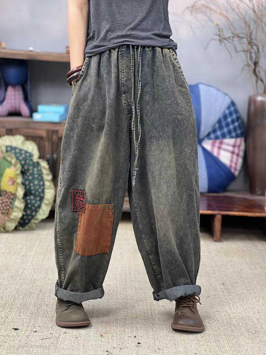 Women Summer Retro Patch Spliced Denim Harem Pants FD047 BUYKUD