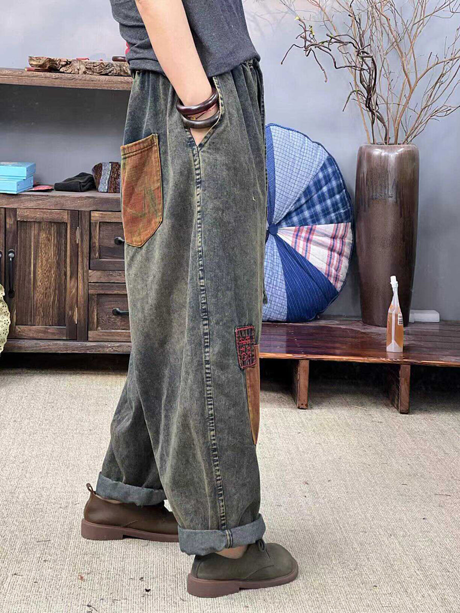 Women Summer Retro Patch Spliced Denim Harem Pants FD047 BUYKUD