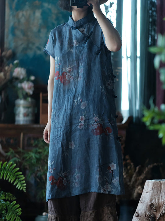 Women Summer Vintage Flower Robe Ramie Dress FD027 JSHY