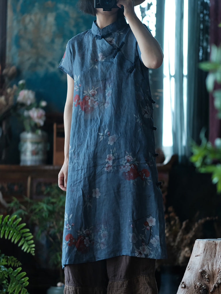 Women Summer Vintage Flower Robe Ramie Dress FD027 JSHY