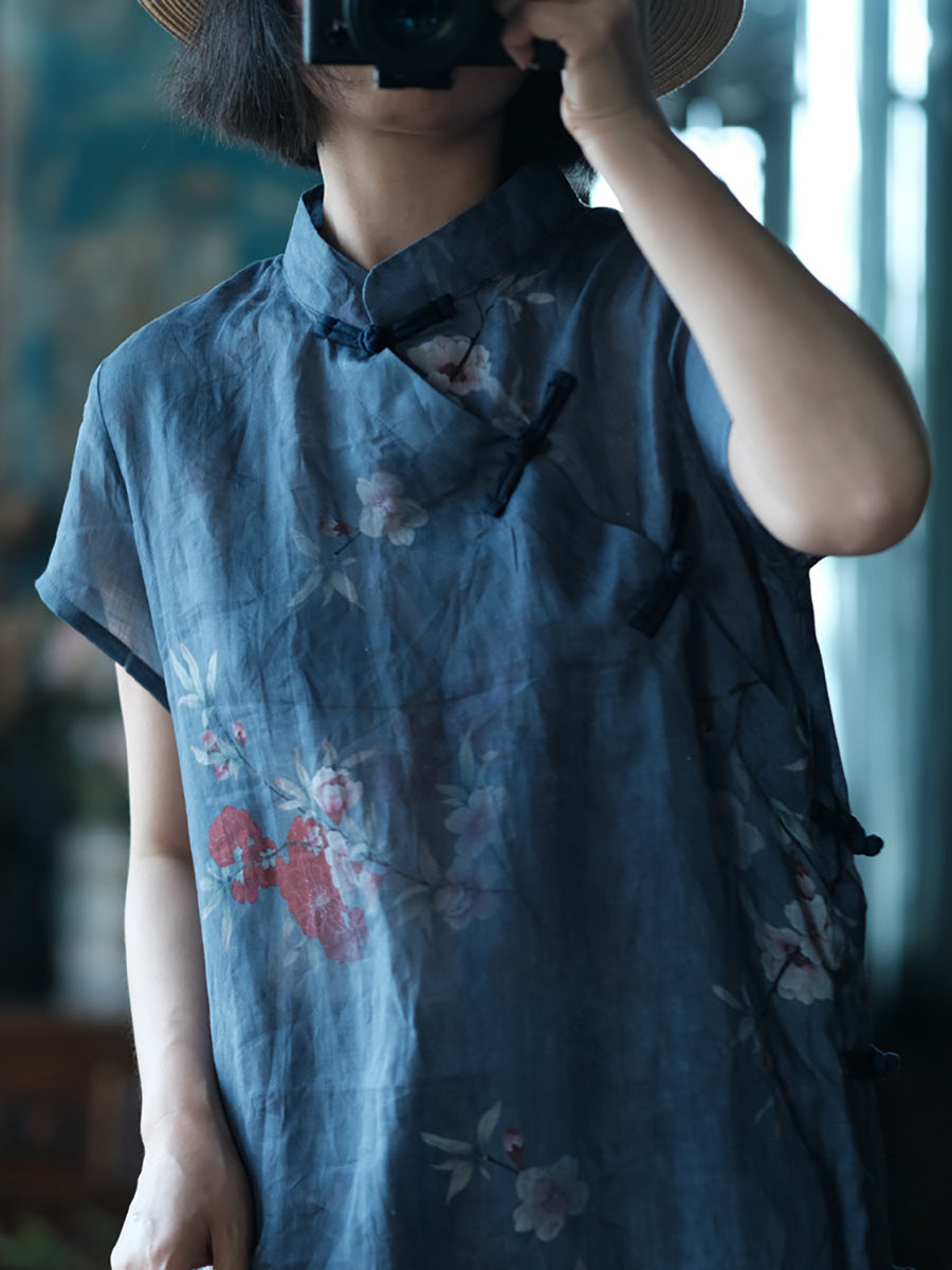 Women Summer Vintage Flower Robe Ramie Dress FD027 JSHY