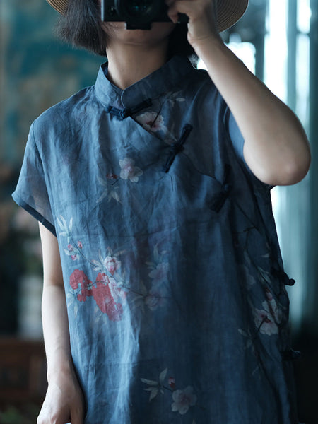 Women Summer Vintage Flower Robe Ramie Dress FD027 JSHY