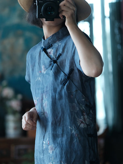 Women Summer Vintage Flower Robe Ramie Dress FD027 JSHY