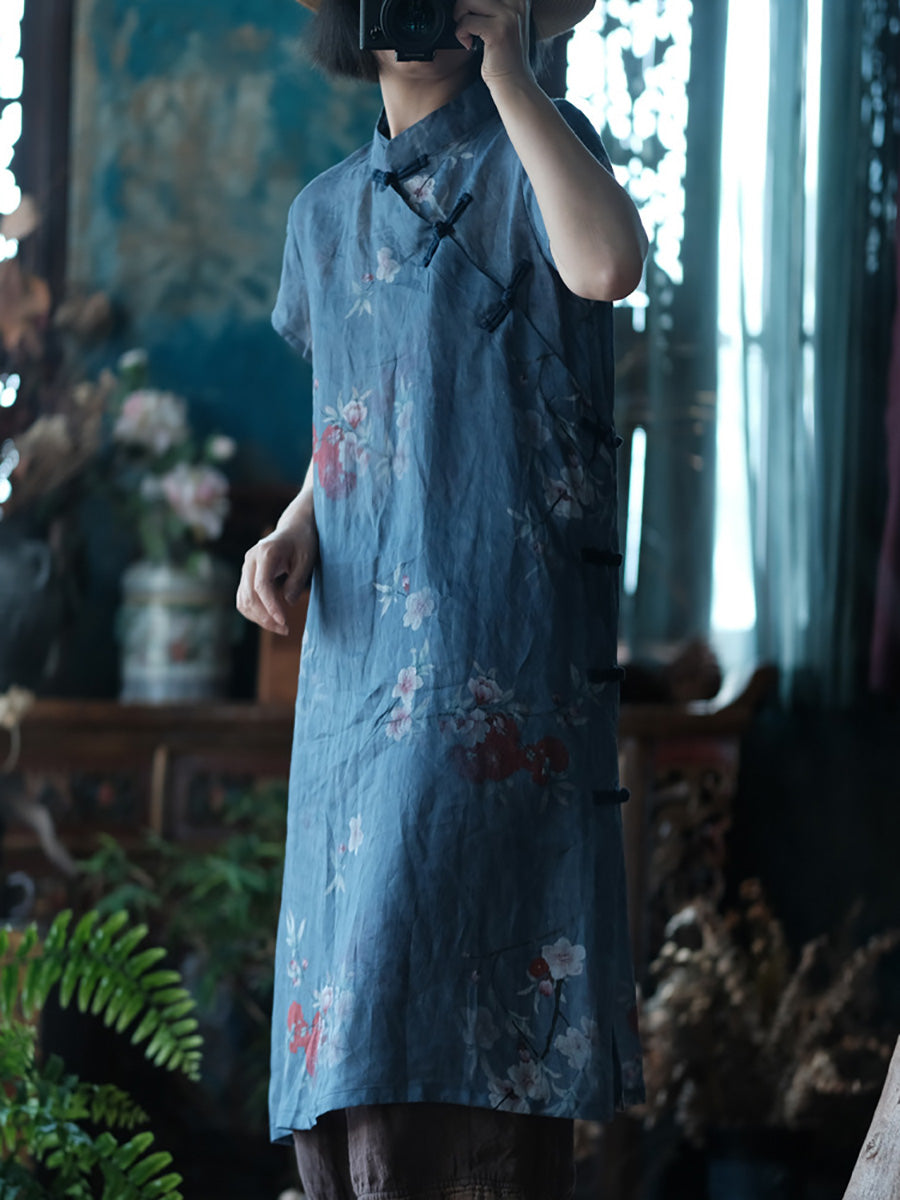 Women Summer Vintage Flower Robe Ramie Dress FD027 JSHY