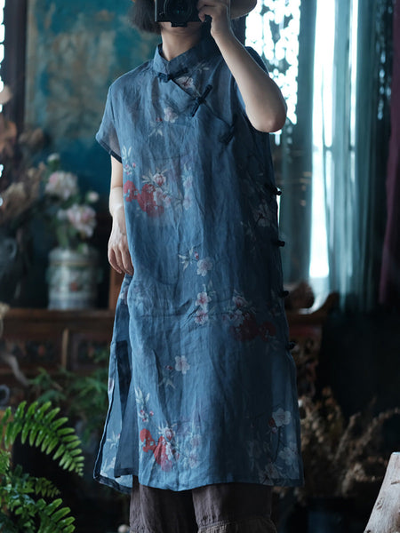 Women Summer Vintage Flower Robe Ramie Dress FD027 JSHY