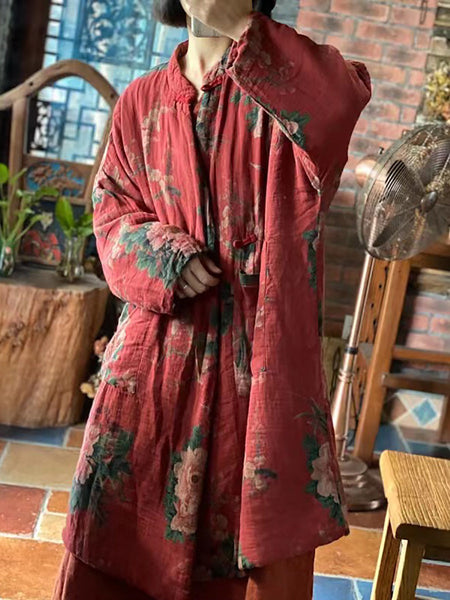 Women Autum Vintage Flower Loose Cotton Coat FD057 BUYKUD