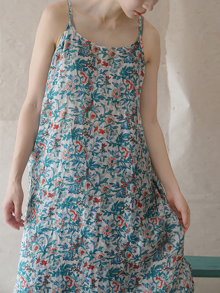 Women Summer Vintage Floral Ramie Vest Dress FD046 BUYKUD