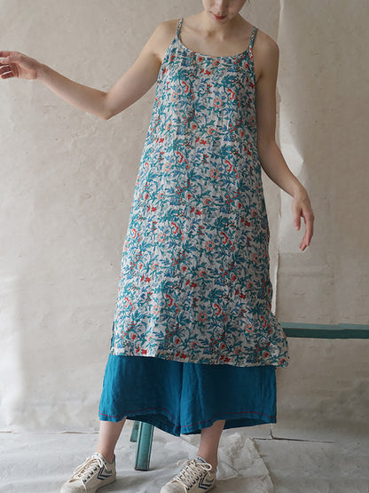 Women Summer Vintage Floral Ramie Vest Dress FD046 BUYKUD