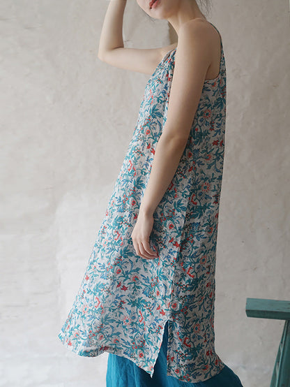 Women Summer Vintage Floral Ramie Vest Dress FD046 BUYKUD