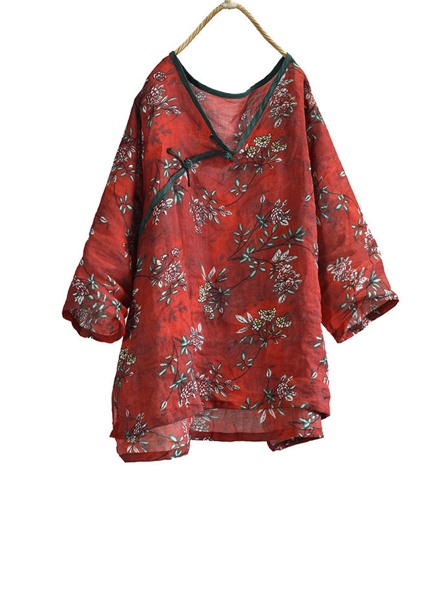 Women Summer Vintage Flower V-Neck Ramie Shirt FD041 BUYKUD