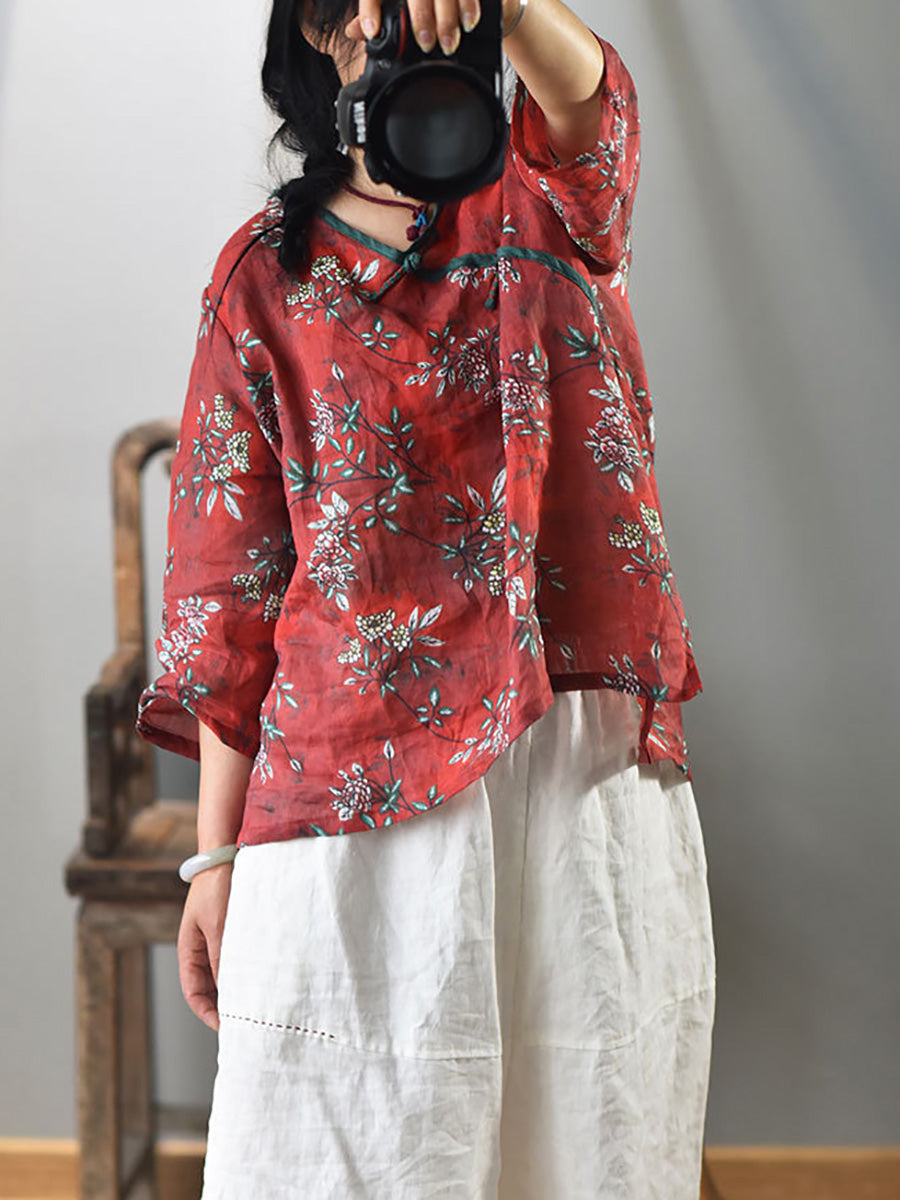 Women Summer Vintage Flower V-Neck Ramie Shirt FD041 BUYKUD