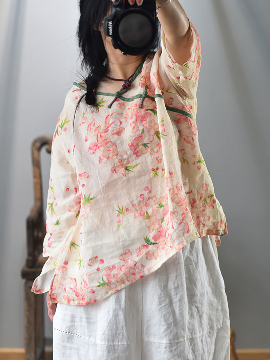 Women Summer Vintage Flower V-Neck Ramie Shirt FD041 BUYKUD