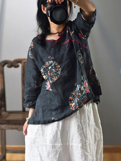 Women Summer Vintage Flower V-Neck Ramie Shirt FD041 BUYKUD