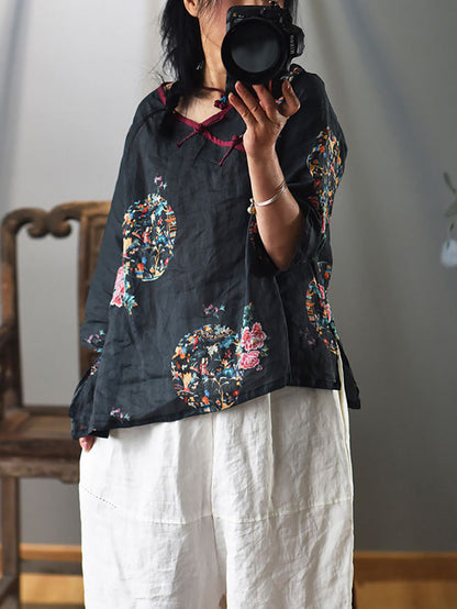 Women Summer Vintage Flower V-Neck Ramie Shirt FD041 BUYKUD