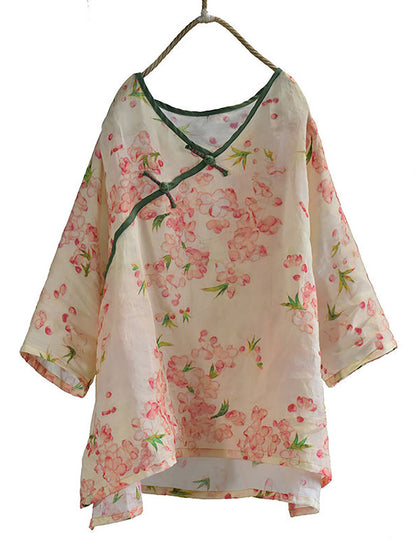 Women Summer Vintage Flower V-Neck Ramie Shirt FD041 BUYKUD