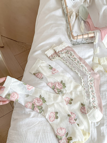 3 Pairs Women Artsy Thin Flower  Lace Socks FD034 TKWY