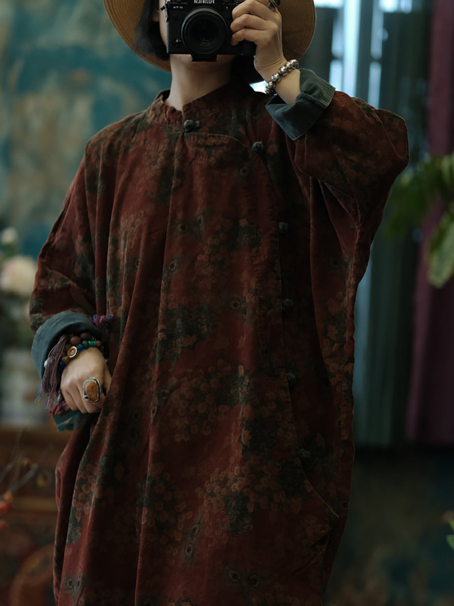 Women Autumn Vintage Flower Cotton Robe Dress AT1081 BUYKUD
