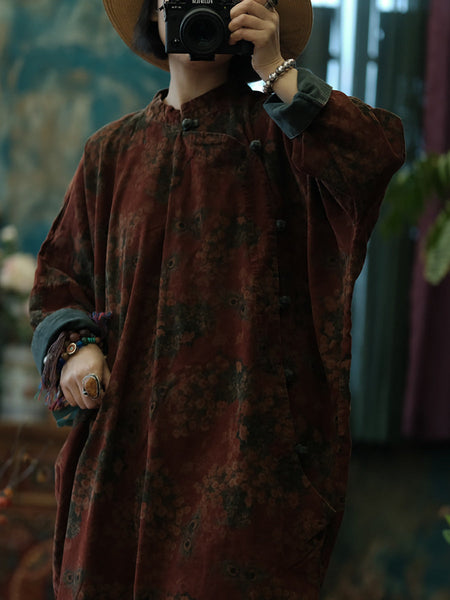 Women Autumn Vintage Flower Cotton Robe Dress AT1081 BUYKUD