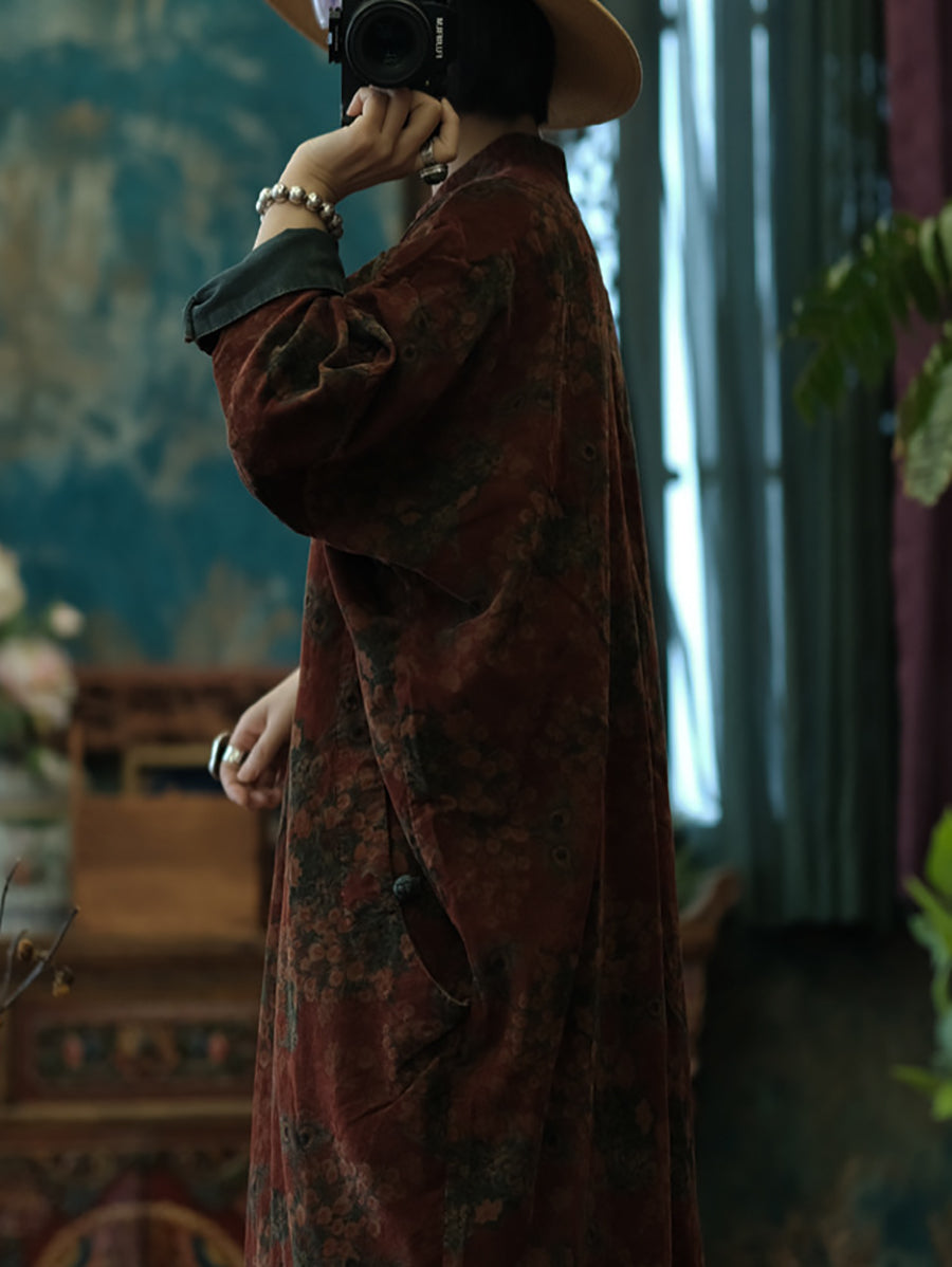 Women Autumn Vintage Flower Cotton Robe Dress AT1081 BUYKUD