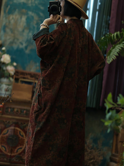 Women Autumn Vintage Flower Cotton Robe Dress AT1081 BUYKUD